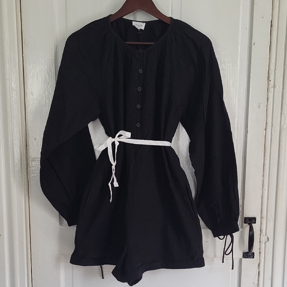 Le Lis 100% Cotton Black Button-Up Micro Mini Romper Pockets S